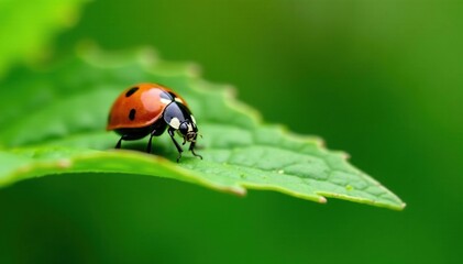 Fototapeta premium Ladybug sits on the top of a large green leaf, insect on foliage, macro, tiny creature