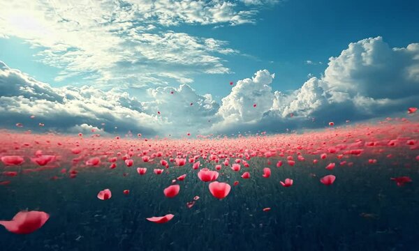 A surreal landscape with floating red objects creating a dreamlike and mysterious atmosphere.