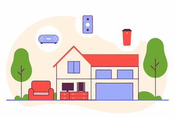 A flat vector illustration of a modern smart home, with connected devices, IoT technology, and minimalistic furniture design