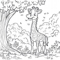 Whimsical Giraffe in the Woods: An adorable giraffe with a happy expression stands joyfully amidst the trees and bushes, ready to be brought to life with colors. 