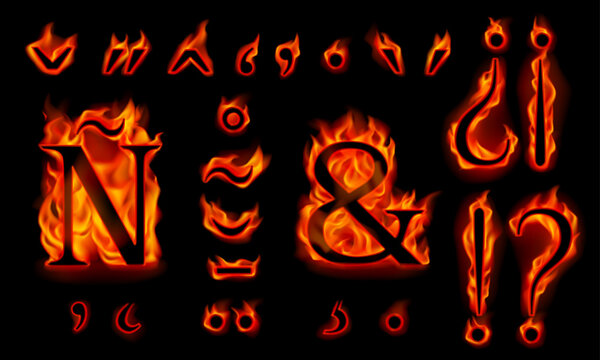 Set of burning diacritic marks, letter Ñ and &, Spanish question and exclamation marks in orange flames isolated on a black background. Vector illustration. 