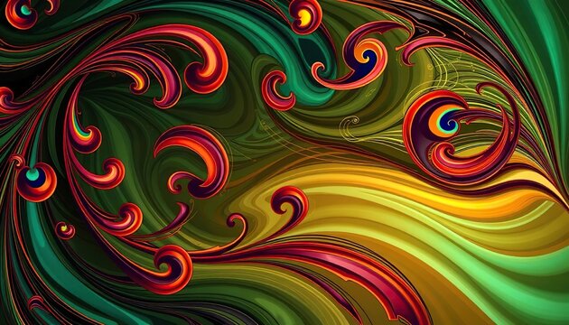 Swirling Art Nouveau lines form peacock feather shapes in rich jewel tones, motif, illustration