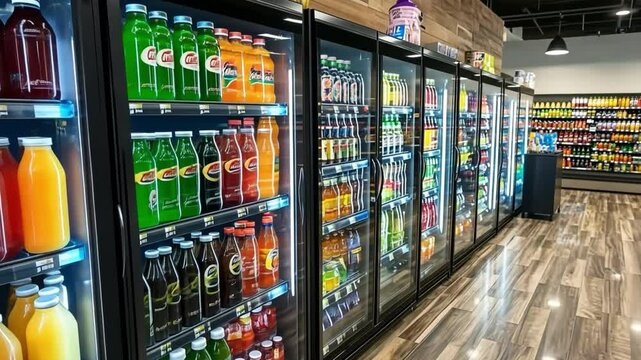 A convenience store aisle filled with colorful beverage options in refrigerated sections, highlighting juices and cold drinks.