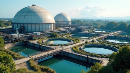 Obraz premium Aerial View of Industrial Water Treatment Facility with Large Domes and Circular Settling Basins