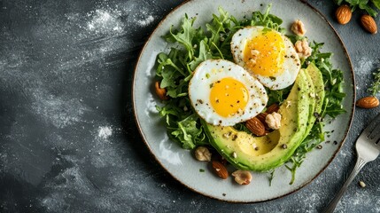 Nutritious Brunch: A top-down perspective captures a visually stunning, healthy brunch, highlighting the perfect harmony of fresh ingredients such as sunny-side-up eggs, avocado, and nuts. 