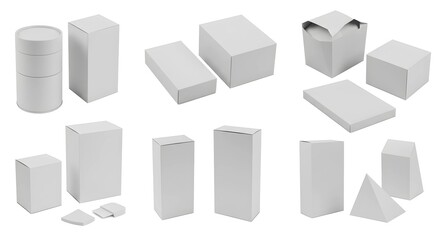 Various Blank White Packaging Boxes on White Background for Mockups