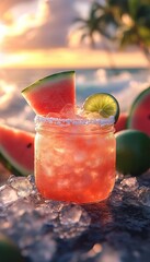 watermelon margarita cocktail on the rocks with salt in an artisan mason jar