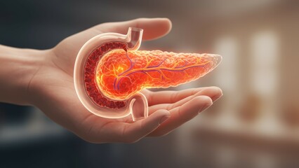 Human hand holding pancreas model Educational tool for anatomy and medicine Focus on health awareness and biology