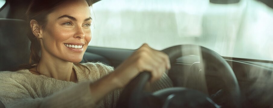 A happy woman smiles while driving her automobile on the road - Powered by Adobe