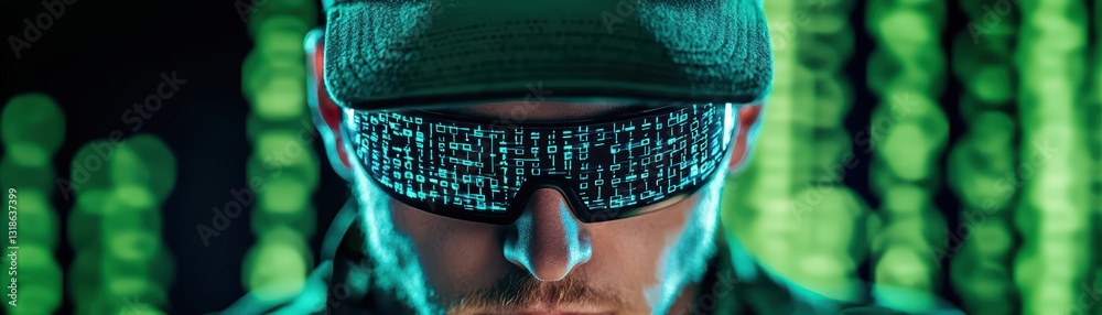 Poster surreal cyber hacker merging with matrix in digital landscape with abstract elements and colors