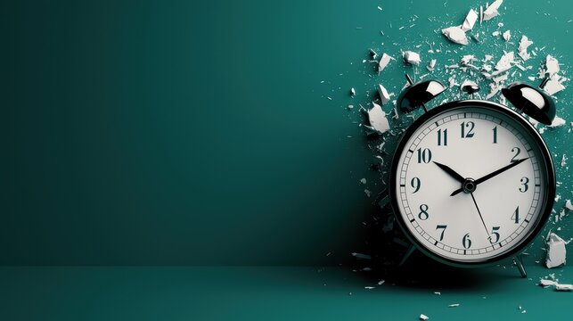 Surreal Concept of Time Being Repaired with Shattered Clock Against a Green Background