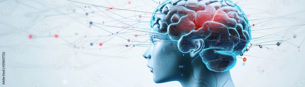 Poster surreal digital world of an interconnected ai brain with floating elements and neural networks