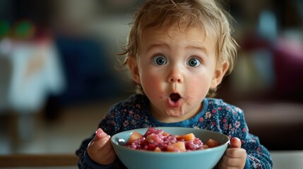 A young toddler with curly hair looks surprised while holding a bowl of vibrant fruit. The cozy setting creates a warm family atmosphere during mealtime