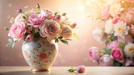 A delicate arrangement of pink roses in a floral-patterned vase, set against a backdrop of soft blush and golden hues.