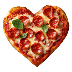 Heart-shaped pepperoni pizza home kitchen food photography cozy environment close-up view love for cooking, transparent background