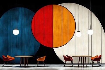 Modern Interior Design with Colorful Circles on Wall, Stylish Chairs and Tables in Contemporary Space, Elegant Pendant Lights Hanging Above