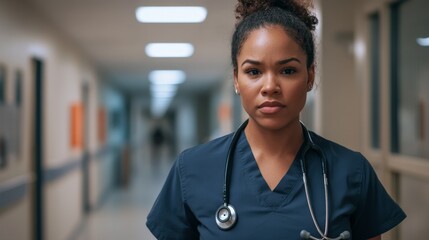 Confident african female nurse in hospital corridor with determined expression
