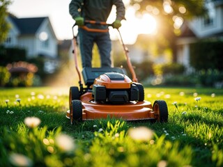 Man mowing the lawn on a sunny day