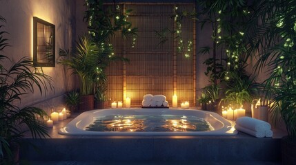 Soft candlelight illuminates a soothing bath surrounded by lush plants. The serene setting invites relaxation and peace after a long day, perfect for self-care