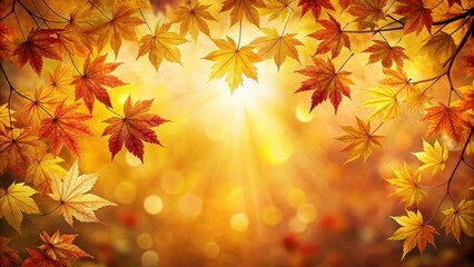 Fototapeta premium Autumn leaves frame a warm sunlit background, showcasing the vibrant beauty of nature's changing season.