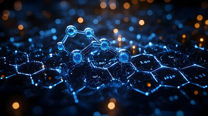 Obraz premium Abstract Blue Glowing Molecular Network on Dark Background
