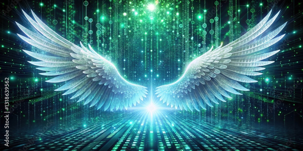 Poster A pair of white angel wings spread open against a backdrop of a digital green and blue binary code, with a beam of light emanating from between the wings