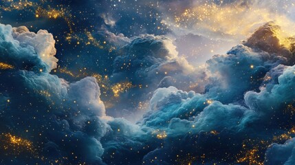Obraz premium A celestial-inspired artwork with golden stars and constellations scattered across a deep blue cosmic sky, evoking a sense of wonder and mystery.