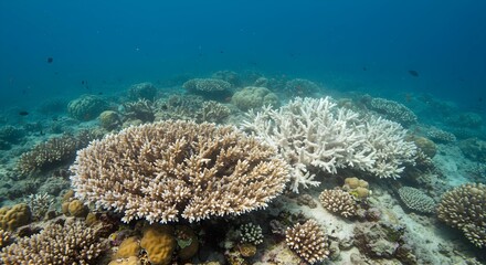 Underwater Coral Reef Scene with Marine Life and Clear Blue Water