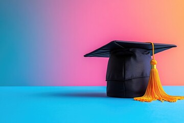 Stylish graduation cap on vibrant background, symbolizing academ