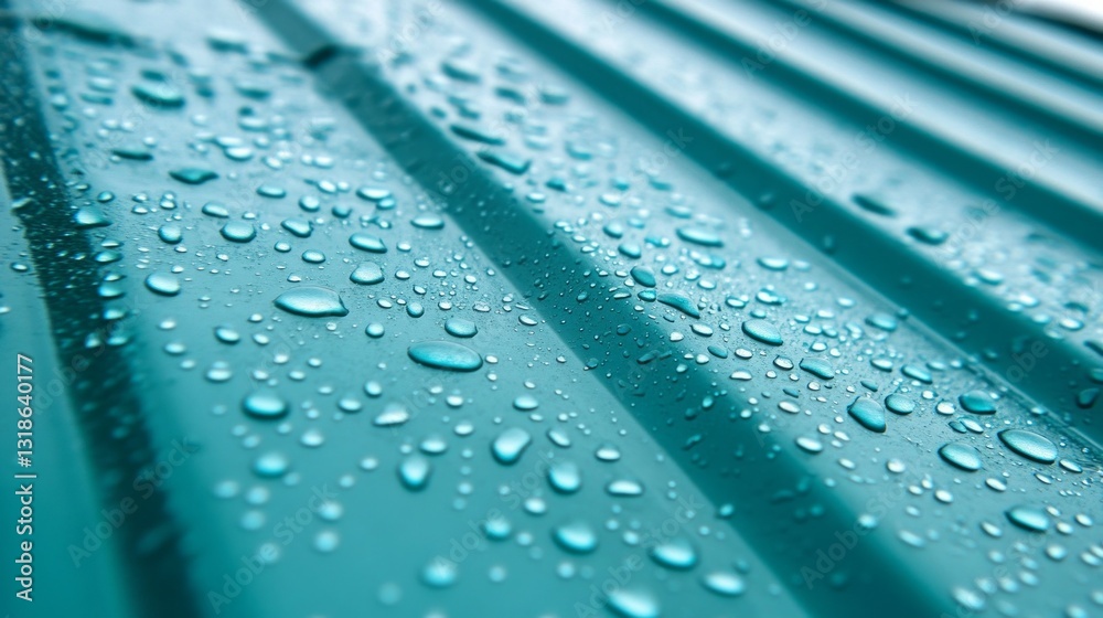 Poster droplets of water cling to a vibrant teal surface, reflecting light and creating a mesmerizing patte