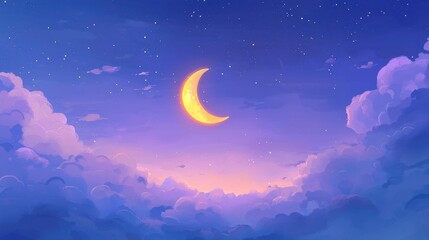 Fototapeta premium A bright crescent moon illuminates the soft clouds in a twilight sky. Hues of purple and orange blend, creating a serene and calming backdrop for the night