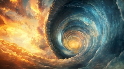 Whirlwind of Skies: A mesmerizing artwork depicting swirling clouds in a dynamic vortex, blending fiery hues and cool blues to create a stunning visual spectacle