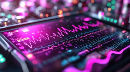 Detailed heart rate data is shown on a digital monitor, featuring colorful waveforms and graphs indicating vital signs during a medical examination in a healthcare setting