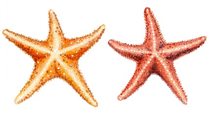 Two Colorful Starfish on White Background Displaying Natural Aquatic Patterns and Textures