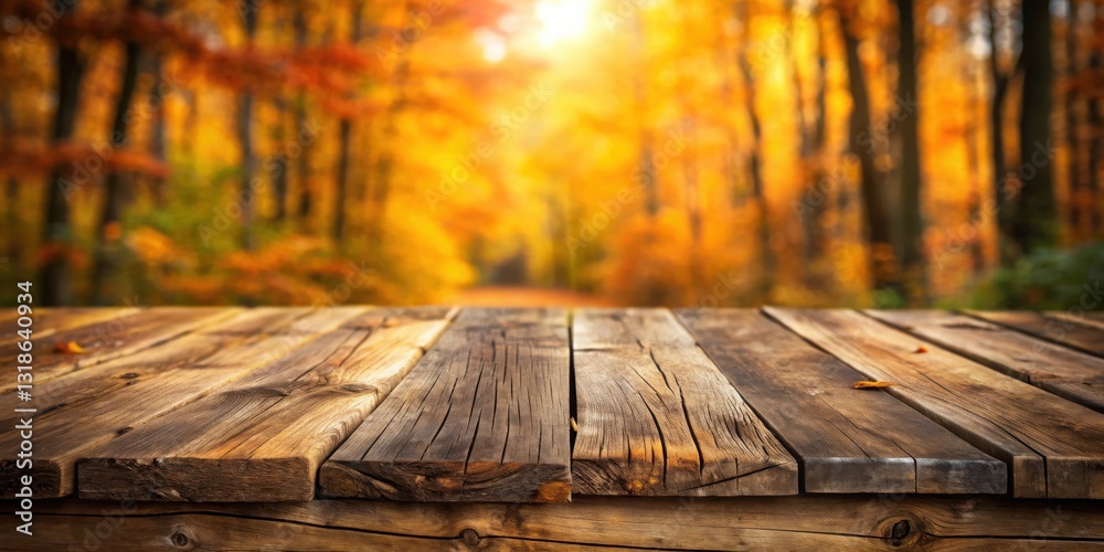Poster a rustic wooden table top with a blurred background of a golden autumn forest.