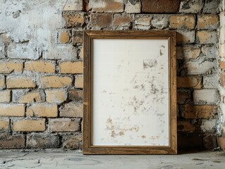 Naklejka premium Rustic Frame Displayed: An aged wooden frame leans against a weathered brick wall, creating a vintage aesthetic and inviting a touch of nostalgia.