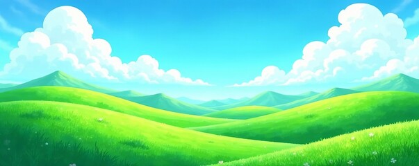 Obraz premium Vibrant illustration of green hills and blue sky, outdoors, summer
