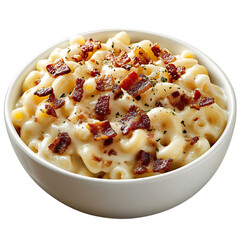 A Bowl of Mac and Cheese Topped with Bacon Bits Isolated on Transparent Background