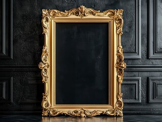 Golden Frame on Black Backdrop: An ornate, vintage golden picture frame stands elegantly against a dark backdrop, evoking a sense of history and classic style.