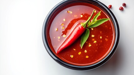 Bowl of spicy chili with a red pepper on top. The bowl is black and the chili is a deep red color. The pepper is placed on top of the chili, adding a pop of color
