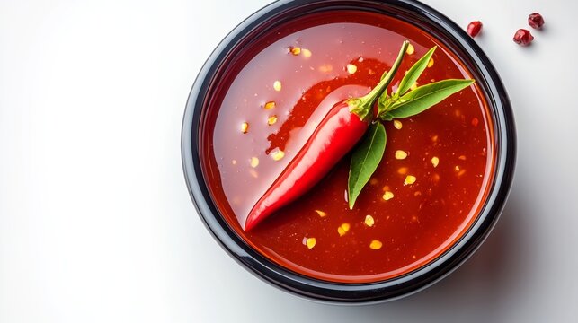 Bowl of spicy chili with a red pepper on top. The bowl is black and the chili is a deep red color. The pepper is placed on top of the chili, adding a pop of color