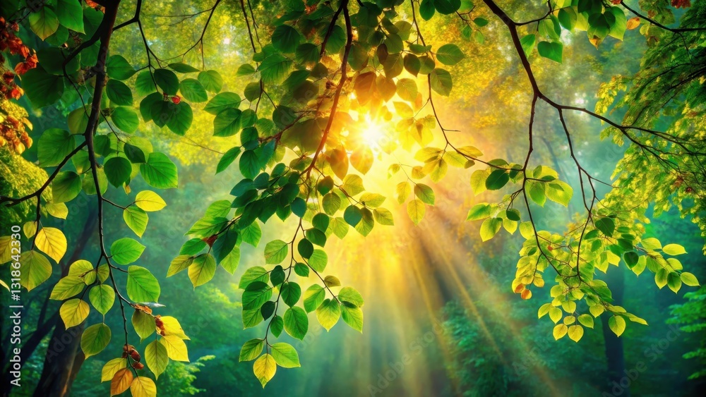 Poster sunlight filtering through lush green leaves in a forest setting, casting a warm glow on the surroun