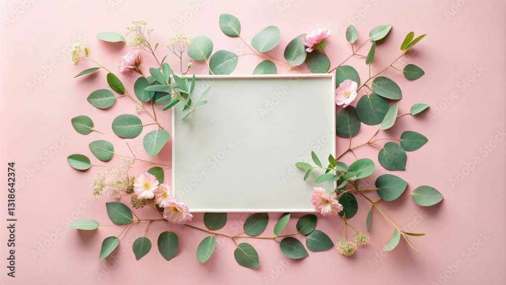 Poster delicate pink flowers and green leaves create a frame around a blank space on a soft pink background