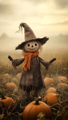 Fototapeta premium Whimsical scarecrow guardianship over a tranquil pumpkin patch in a misty, serene field