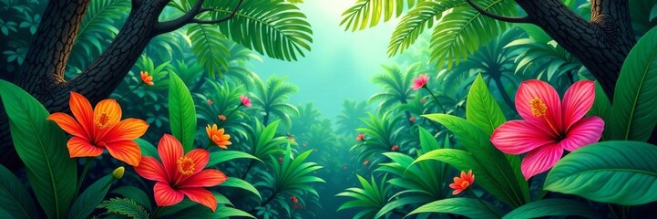 Vibrant tropical jungle with colorful flowers and lush foliage, flowers, background
