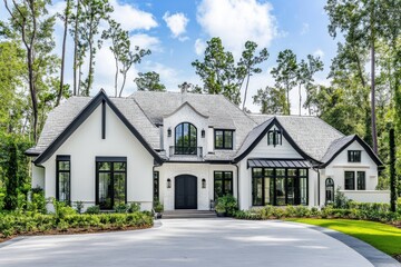 Naklejka premium Modern residential home nestled in a lush forest, featuring striking architecture and serene landscaping under a bright blue sky