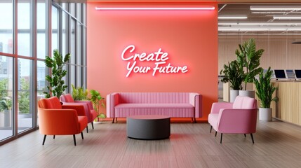 A co working lounge with a stylish neon sign saying "Create Your Future", collaborative business, idea exchange, professional networking