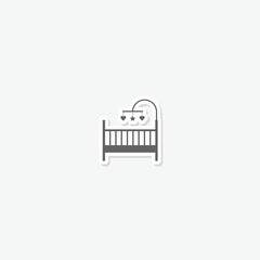 Baby crib with hanging toys icon sticker isolated on gray background