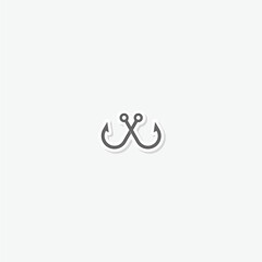 Two crossed fishing hook icon sticker isolated on gray background