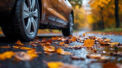 Bright yellow and orange leaves blanket the wet asphalt, showcasing the beauty of autumn. A parked car rests nearby, inviting a sense of tranquility in the refreshing rain-soaked air